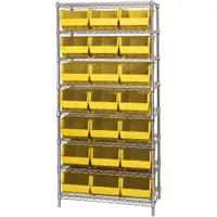 Wire Shelving Unit with (21) Bins, 8 Shelf, 36" x 18" x 74", Yellow, 1/Each