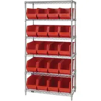 Wire Shelving Unit with (20) Bins, 6 Shelf, 36" x 18" x 74", Red, 1/Each