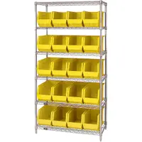 Wire Shelving Unit with (20) Bins, 6 Shelf, 36" x 18" x 74", Yellow, 1/Each