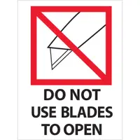 Tape Logic® Labels, "Do Not Use Blades to Open", 3" x 4", Red/White/Black, 500/Roll