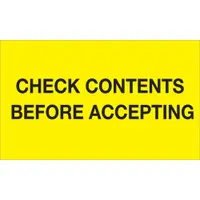 Tape Logic® Labels, "Check Contents Before Accepting", 3" x 5", Fluorescent Yellow, 500/Roll