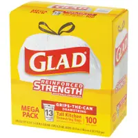 Glad® Drawstring Trash Bags, 13 Gallon, 24" x 28 3/8", White, 100/Case