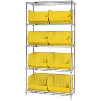 Wire Shelving Unit with (8) Bins, 5 Shelf, 36" x 18" x 74", Yellow, 1/Each