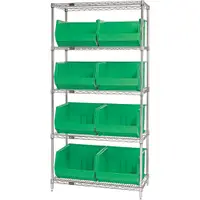 Wire Shelving Unit with (8) Bins, 5 Shelf, 36" x 18" x 74", Green, 1/Each