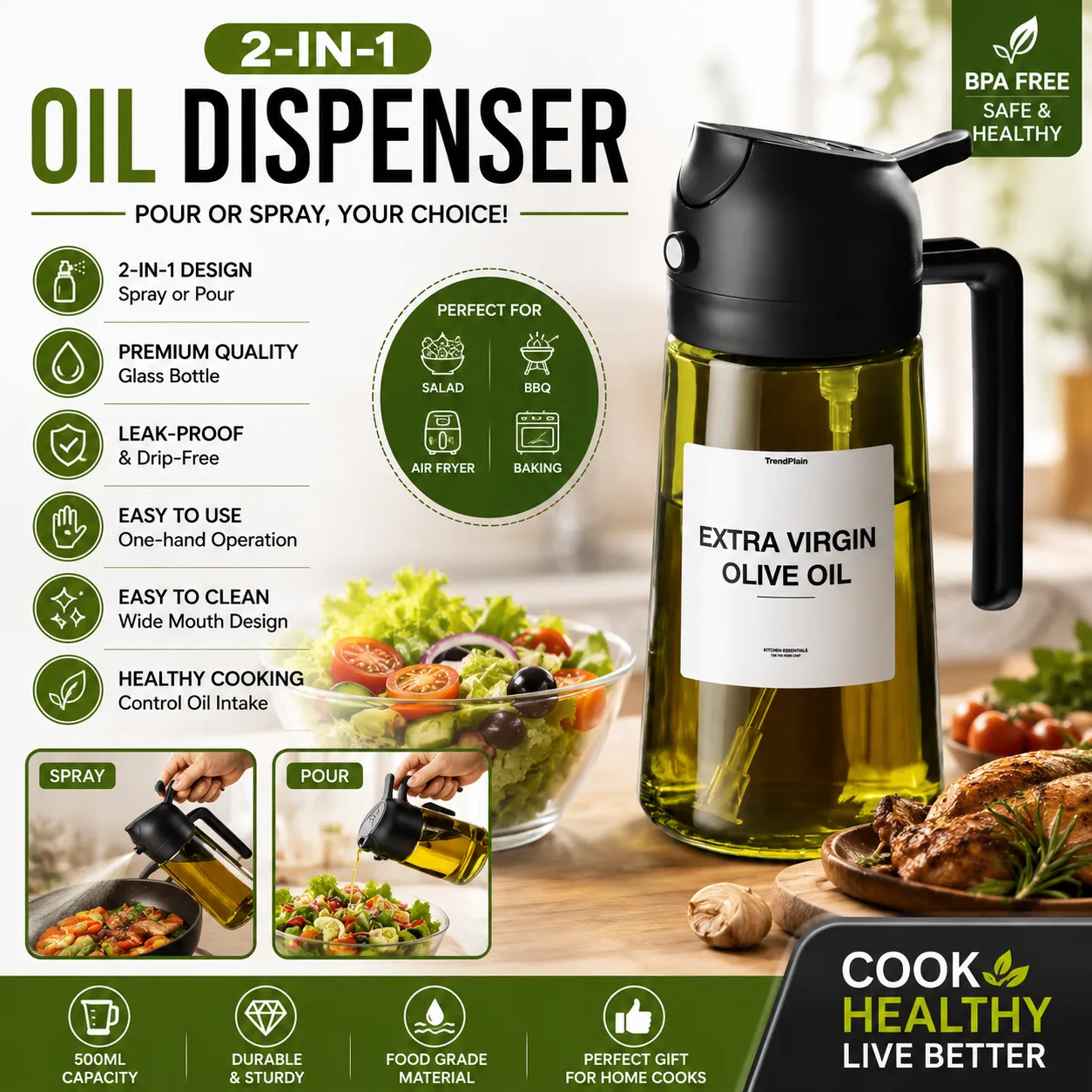 2 in 1 Glass Oil Sprayer Bottle